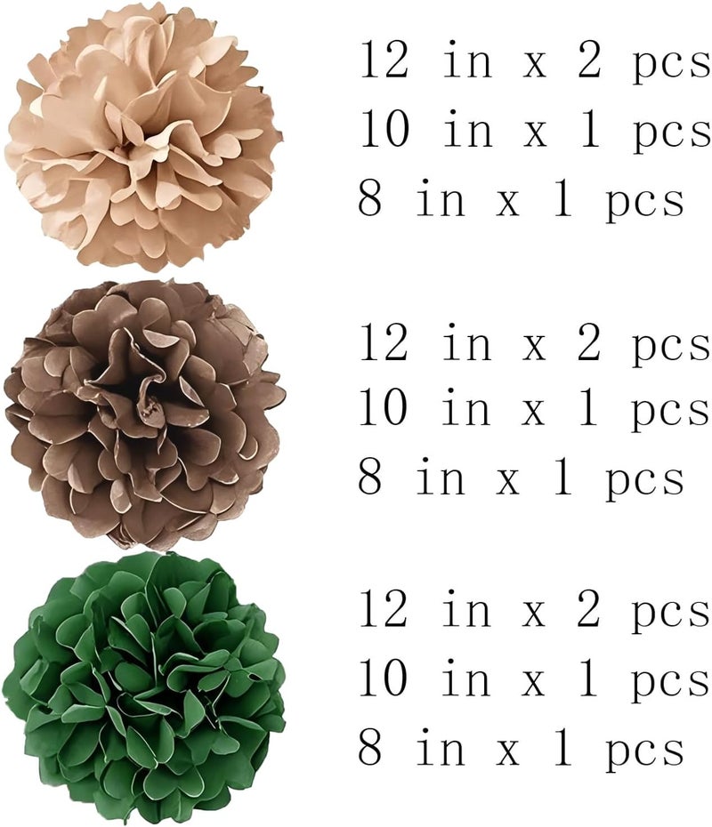 YESON Tissue Paper Pompoms Paper Flower 12 Pcs Green Brown Paper Flower Ball for Birthday Bachelorette Wedding Baby Shower Bridal Shower Party Decoration - Image 2
